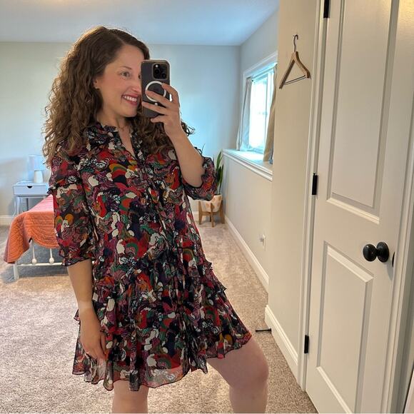 Saloni Red Blue Printed Silk Button Front Mini Dress 4 - Picture 5 of 16